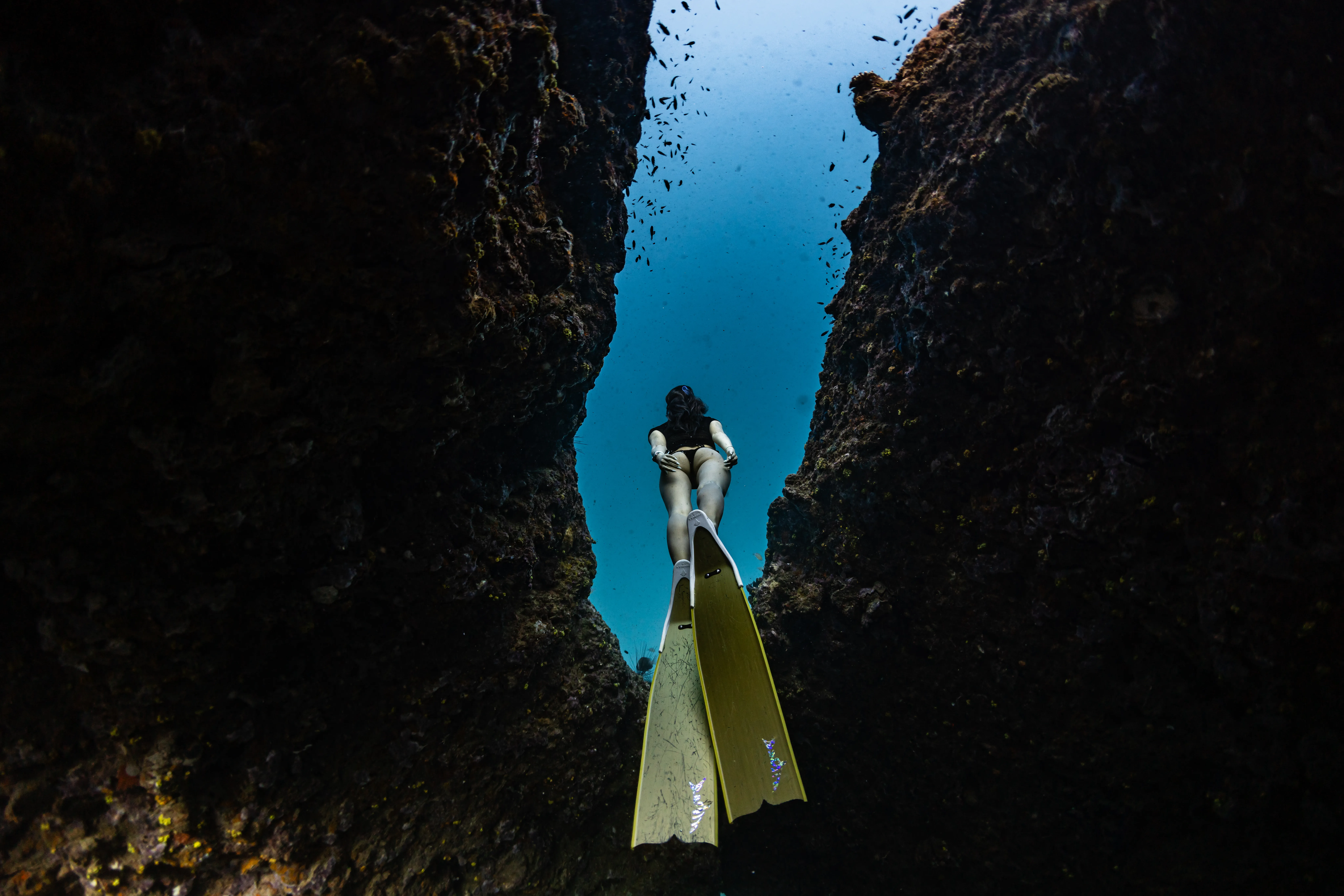 Freediving in crystal clear water